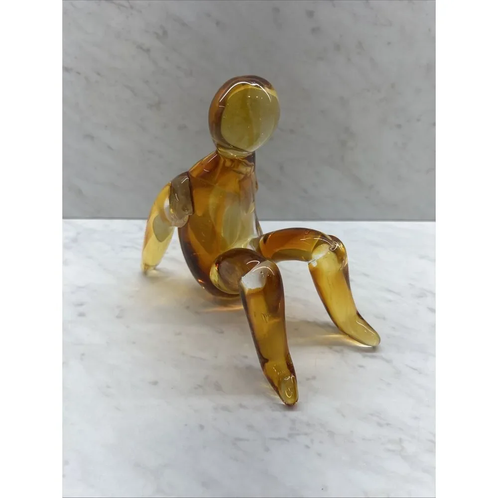 Vintage Hand Blown/Fairing Folk Art Person Sitting Unique Piece 6”x 6.5” Amber